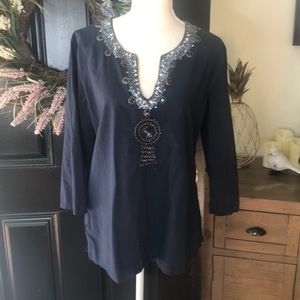 Cute Options blue embellished v neck top size L